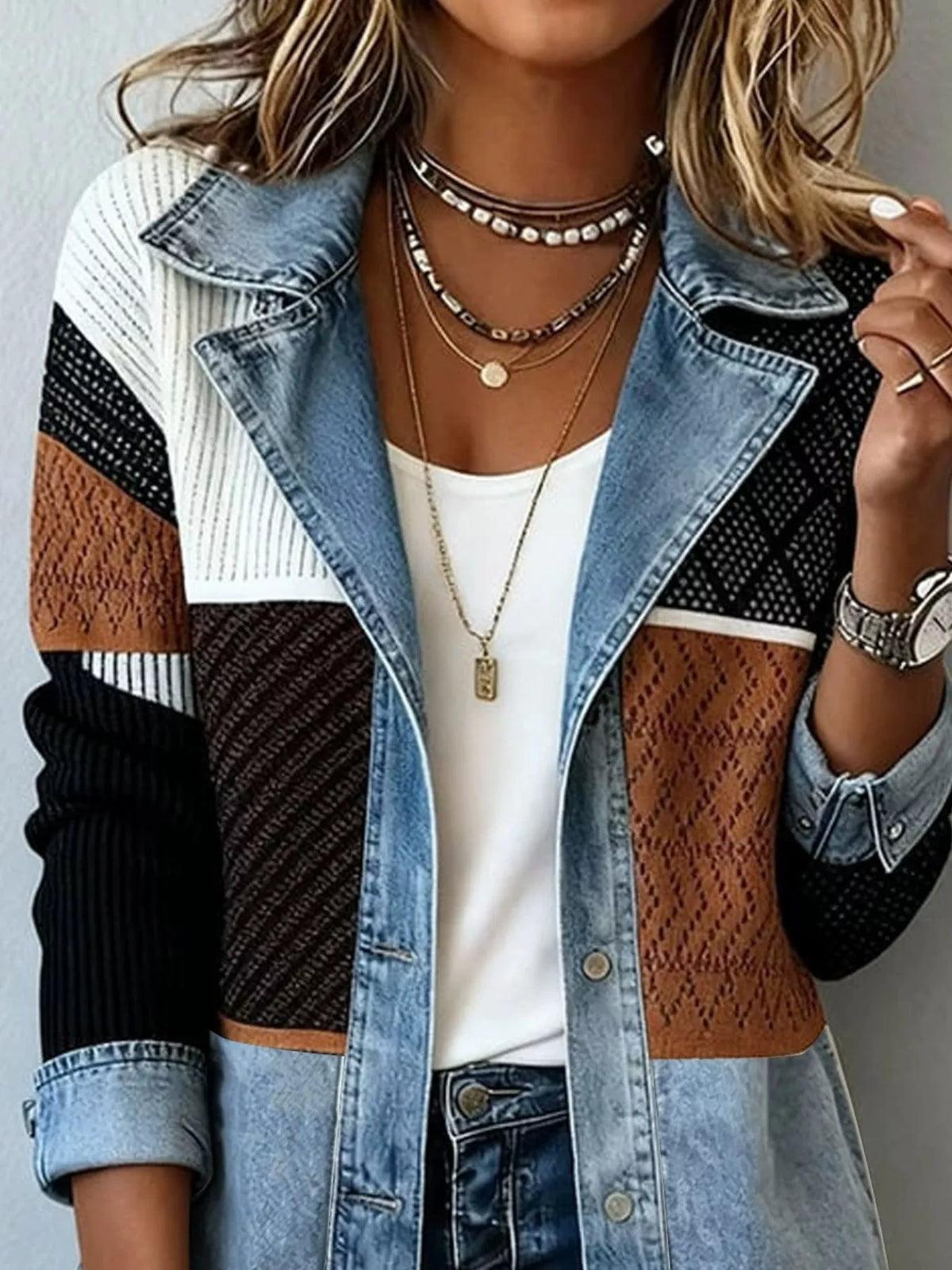 Block Denim and Knit Patchwork Casual Jacket