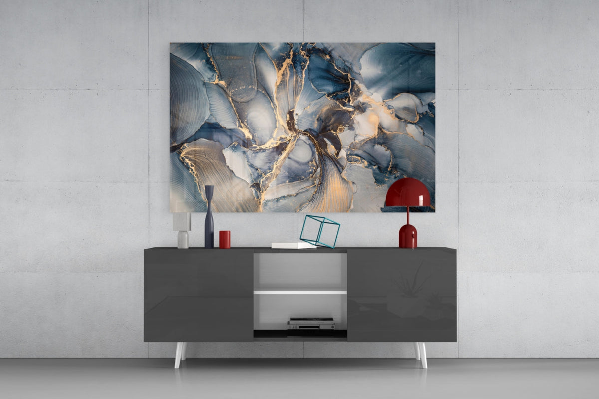 Navy Blue And Gold Veined Marble Glass Wall Art