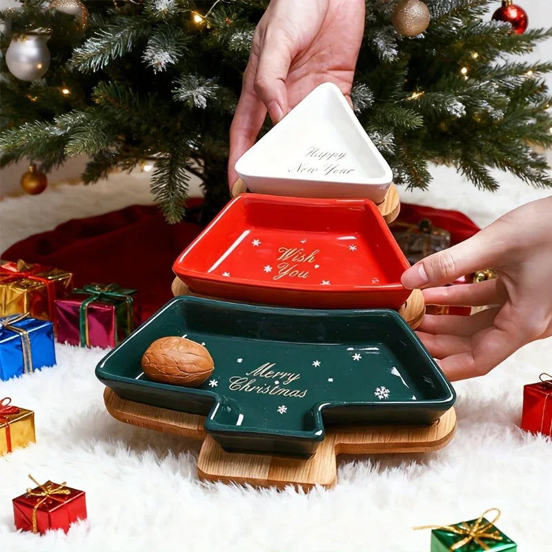 Ceramic Christmas Tree Snack Plates with Detachable Stand