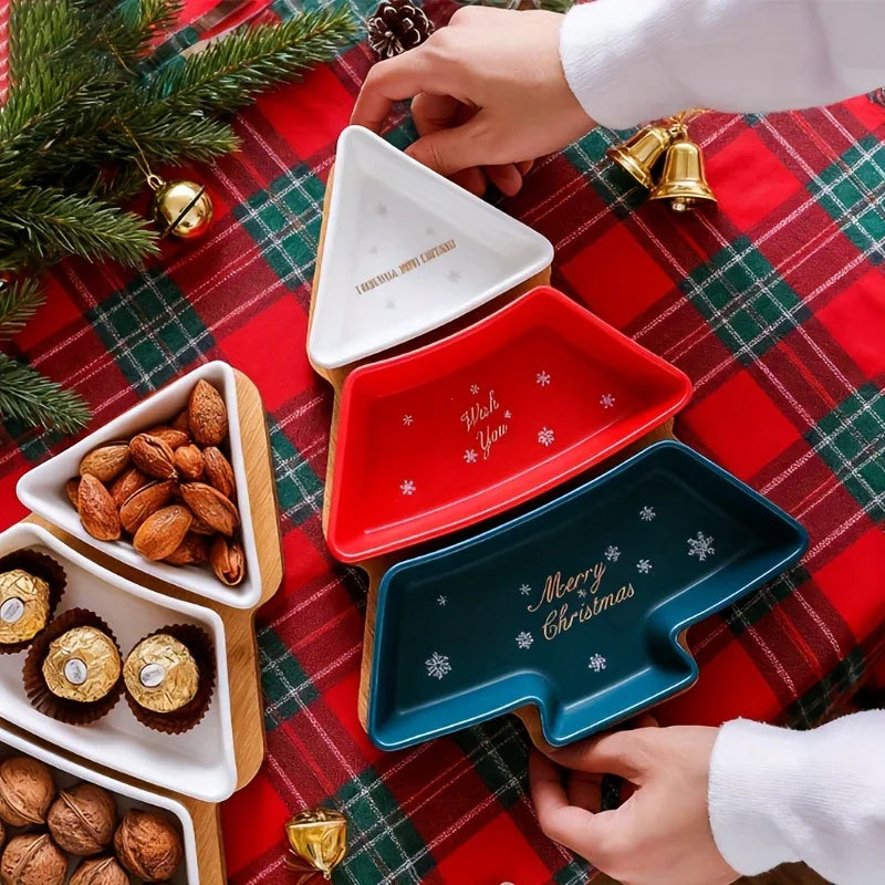 Ceramic Christmas Tree Snack Plates with Detachable Stand