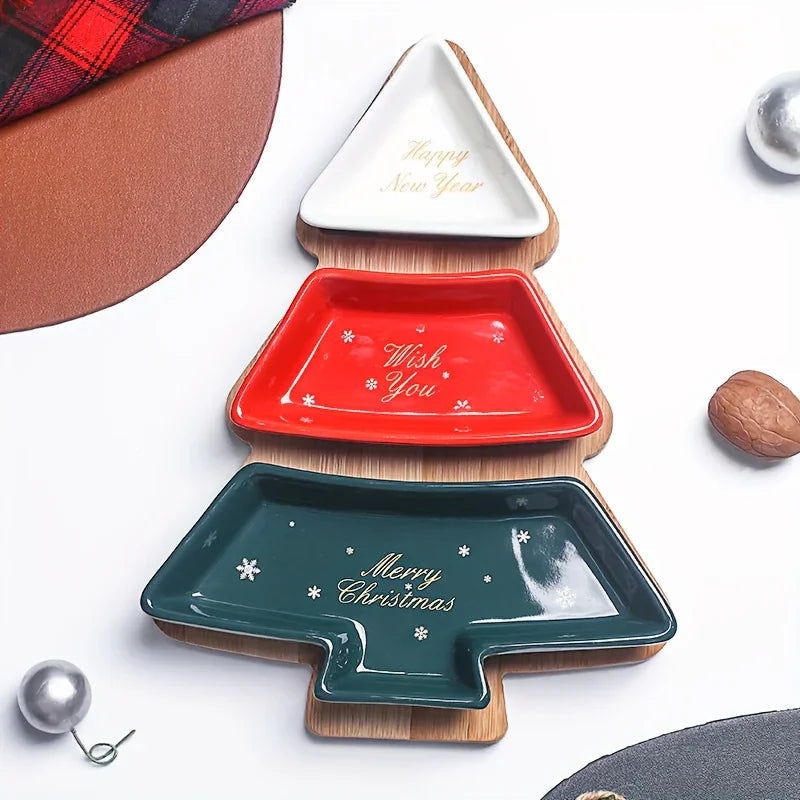 Ceramic Christmas Tree Snack Plates with Detachable Stand