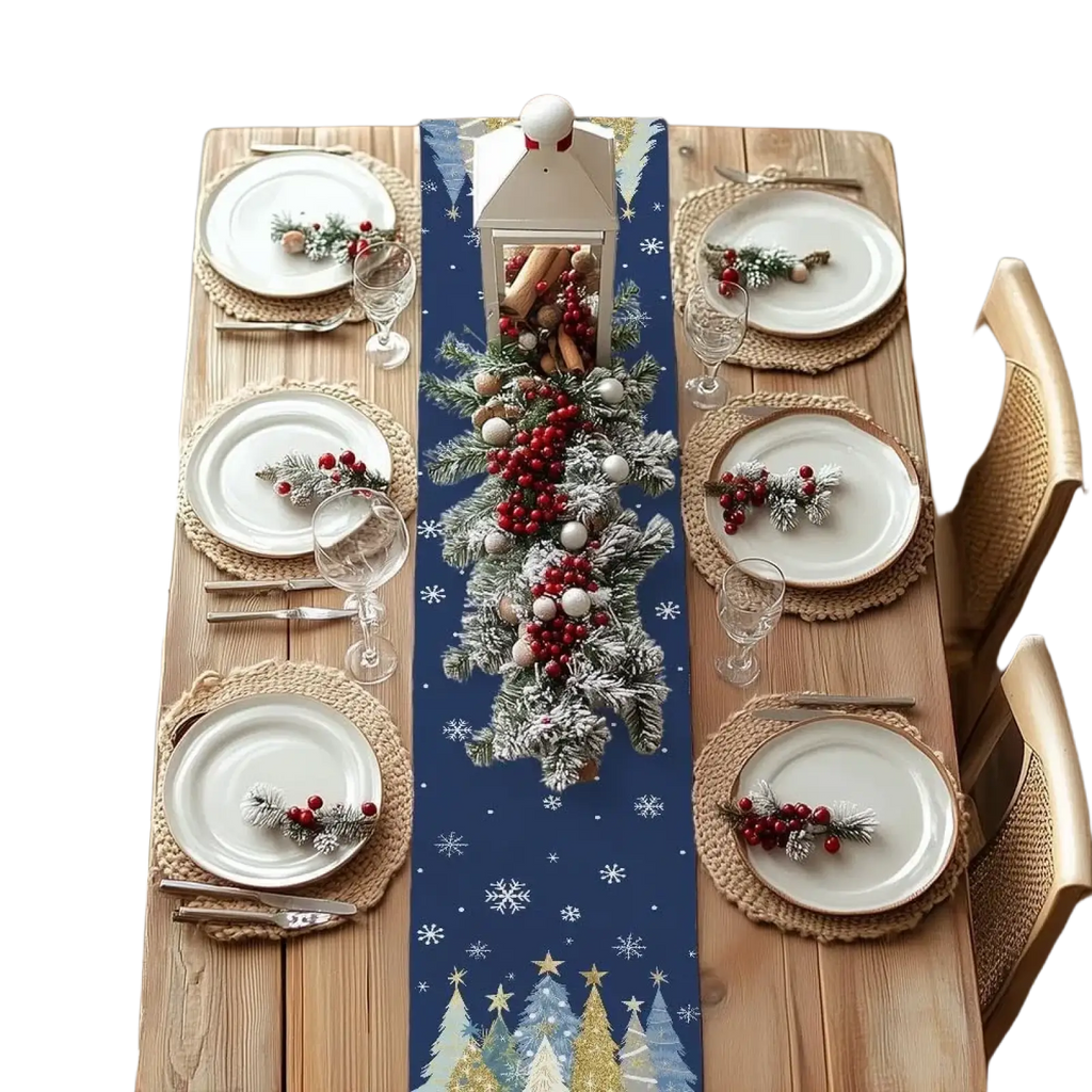 Christmas Table Runner 13x72 Inch, Xmas Trees Snowflakes Holiday Decorative Farmhouse Table Decoration For Kitchen Dinning, Indoor Outdoor Dinner Party Decor