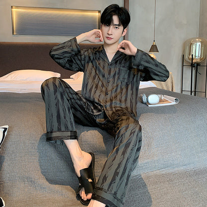 High-grade Ice Silk Men's Pajamas V-neck Thin Trousers Long Sleeve Two-piece Set