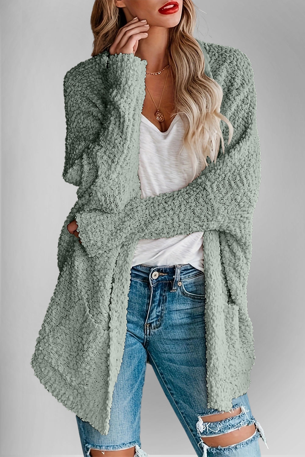 Velvet Bloom Pocketed Open Front Long Sleeve Women Cardigan