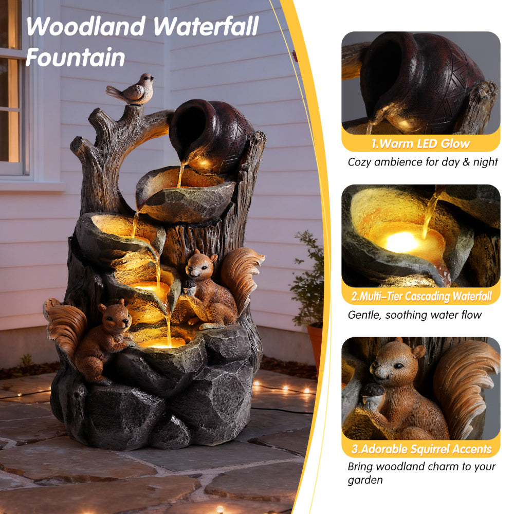 Squirrel Outdoor Water Fountain with LED Lights | Resin Tree Stump & Pouring Jug Waterfall Garden Decor for Patio, Yard & Porch