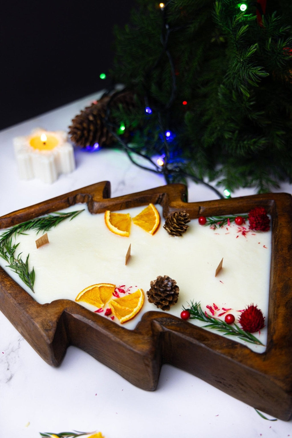Large Christmas Tree Wooden Dough Bowl Scented Candle – Handcrafted Soy Wax Holiday Decor & Gift
