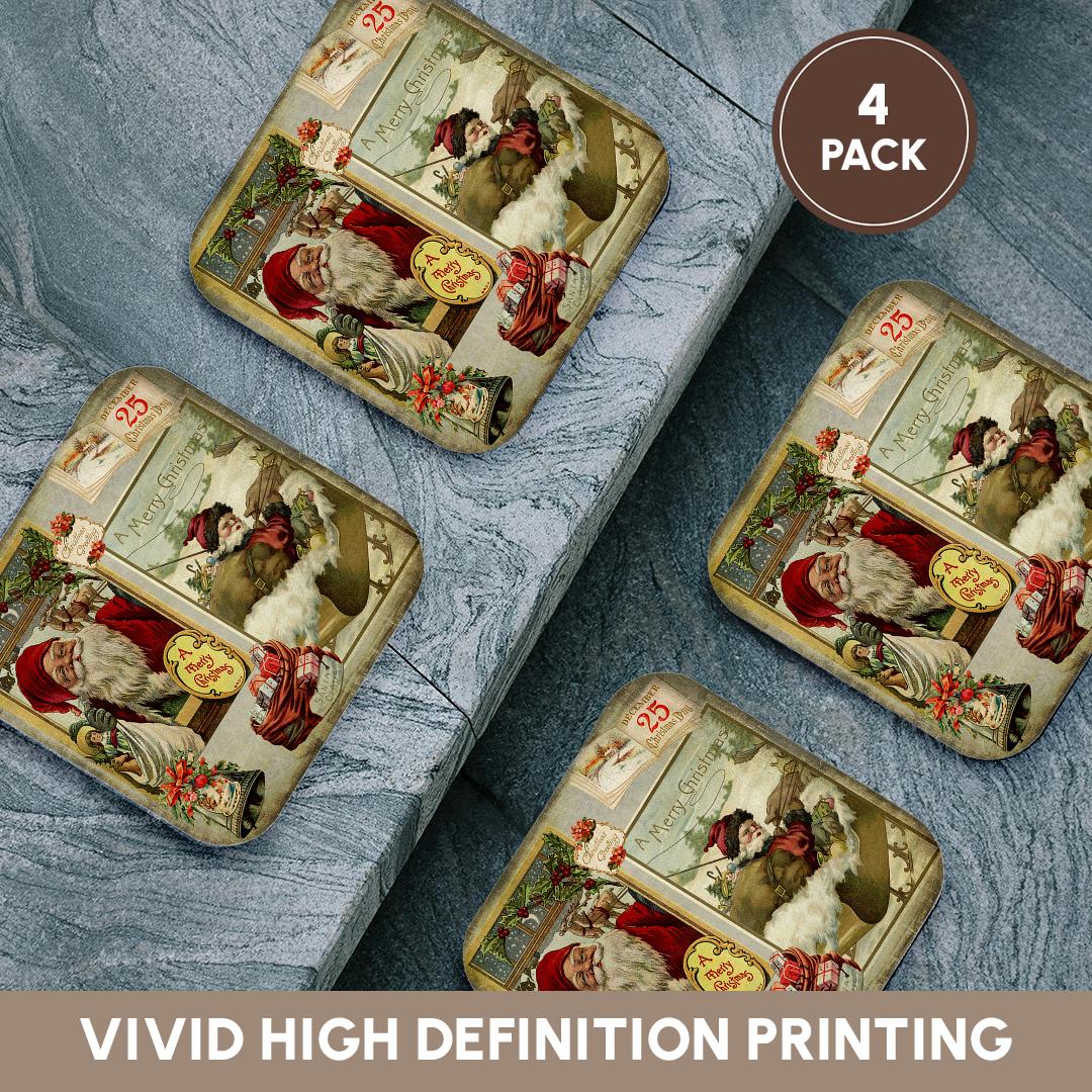 3dRose Andrea Haase Holiday Illustration - Nostalgic Christmas Collage with Santa and Presents - Coasters